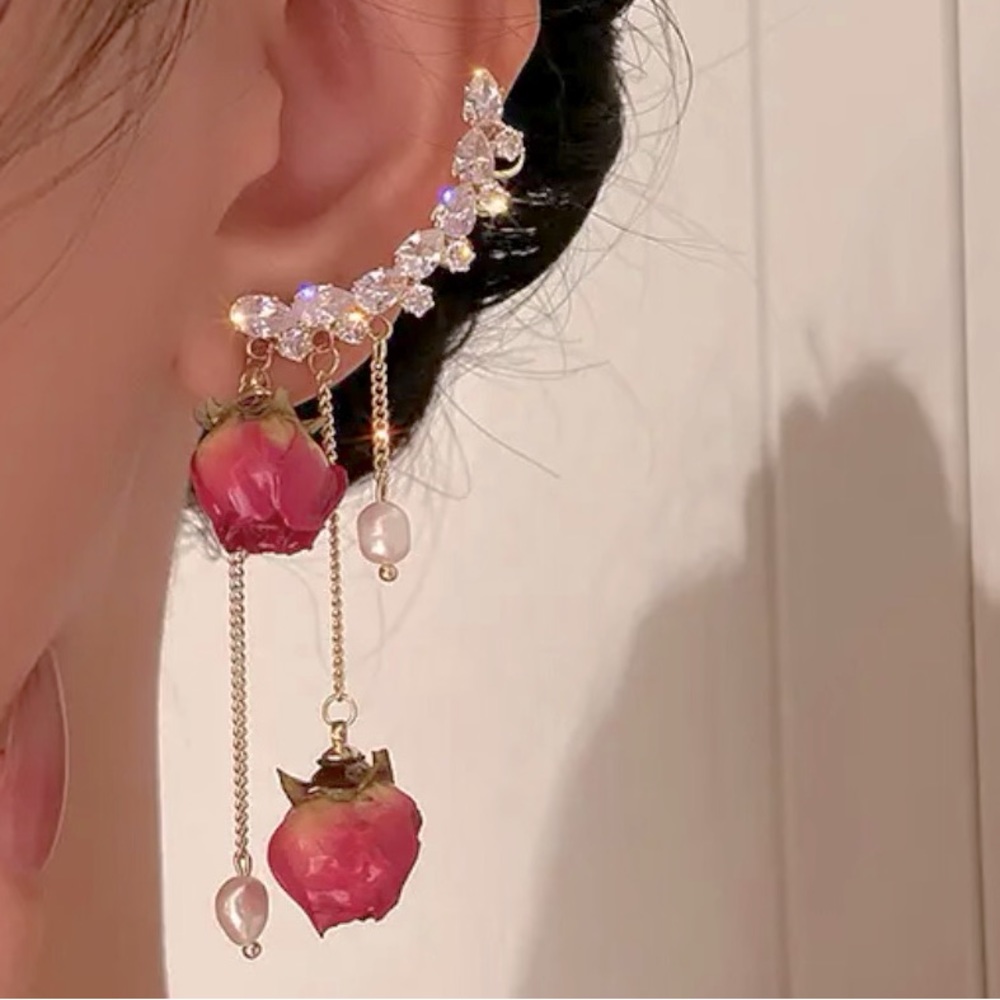 🌹🌹🌹Rose Ear Climber Set / Bohemian Pearl & Rose Earring🌹🌹🌹
